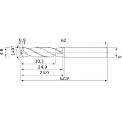MVE0480X02S050 DP1020 4.8 mm Dia. × 5 mm Shank × 24.9 mm Flute Length × 62.9 mm OAL, 140°, 2 Flute, External Coolant, Solid Carbide Drill