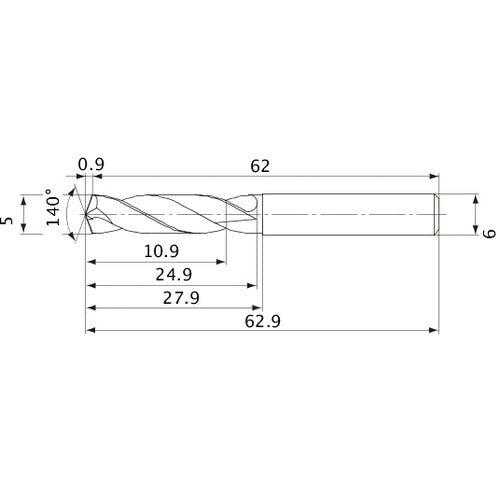 MVE0500X02S060 DP1020 5 mm Dia. × 6 mm Shank × 24.9 mm Flute Length × 62.9 mm OAL, 140°, 2 Flute, External Coolant, Solid Carbide Drill