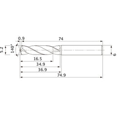 MVE0520X03S060 DP1020 5.2 mm Dia. × 6 mm Shank × 34.9 mm Flute Length × 74.9 mm OAL, 140°, 2 Flute, External Coolant, Solid Carbide Drill