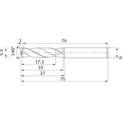 MVE0540X03S060 DP1020 5.4 mm Dia. × 6 mm Shank × 35 mm Flute Length × 75 mm OAL, 140°, 2 Flute, External Coolant, Solid Carbide Drill