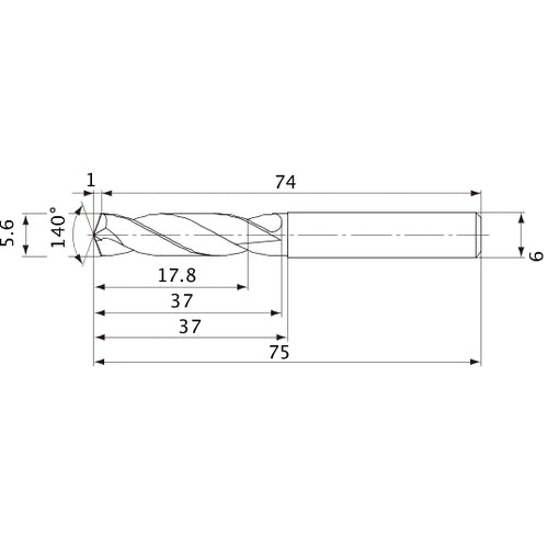 MVE0560X03S060 DP1020 5.6 mm Dia. × 6 mm Shank × 37 mm Flute Length × 75 mm OAL, 140°, 2 Flute, External Coolant, Solid Carbide Drill
