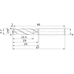 MVE0570X02S060 DP1020 5.7 mm Dia. × 6 mm Shank × 29 mm Flute Length × 67 mm OAL, 140°, 2 Flute, External Coolant, Solid Carbide Drill