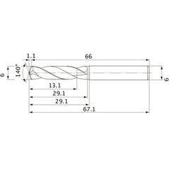 MVE0600X02S060 DP1020 6 mm Dia. × 6 mm Shank × 29.1 mm Flute Length × 67.1 mm OAL, 140°, 2 Flute, External Coolant, Solid Carbide Drill