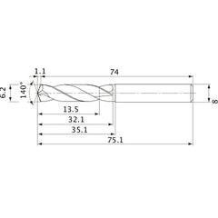 MVE0620X02S080 DP1020 6.2 mm Dia. × 8 mm Shank × 32.1 mm Flute Length × 75.1 mm OAL, 140°, 2 Flute, External Coolant, Solid Carbide Drill