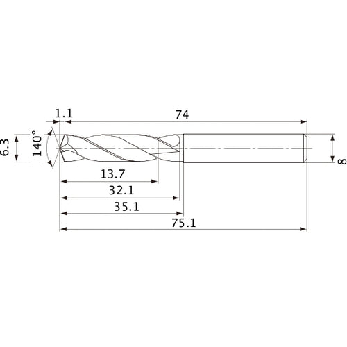 MVE0630X02S080 DP1020 6.3 mm Dia. × 8 mm Shank × 32.1 mm Flute Length × 75.1 mm OAL, 140°, 2 Flute, External Coolant, Solid Carbide Drill