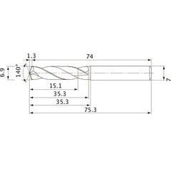 MVE0690X02S070 DP1020 6.9 mm Dia. × 7 mm Shank × 35.3 mm Flute Length × 75.3 mm OAL, 140°, 2 Flute, External Coolant, Solid Carbide Drill