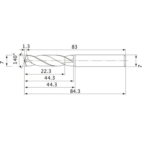 MVE0700X03S070 DP1020 7 mm Dia. × 7 mm Shank × 44.3 mm Flute Length × 84.3 mm OAL, 140°, 2 Flute, External Coolant, Solid Carbide Drill