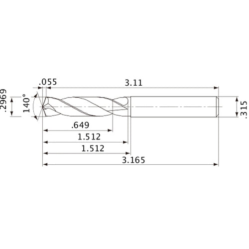 MVE0754X02S080 DP1020 0.2969″ Dia. × 0.315″ Shank × 1.512″ Flute Length × 3.165″ OAL, 140°, 2 Flute, External Coolant, Solid Carbide Drill