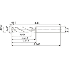 MVE0754X02S080 DP1020 0.2969″ Dia. × 0.315″ Shank × 1.512″ Flute Length × 3.165″ OAL, 140°, 2 Flute, External Coolant, Solid Carbide Drill