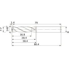 MVE0770X02S080 DP1020 7.7 mm Dia. × 8 mm Shank × 38.4 mm Flute Length × 80.4 mm OAL, 140°, 2 Flute, External Coolant, Solid Carbide Drill