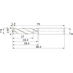 MVE0780X02S080 DP1020 7.8 mm Dia. × 8 mm Shank × 38.4 mm Flute Length × 80.4 mm OAL, 140°, 2 Flute, External Coolant, Solid Carbide Drill