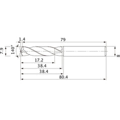 MVE0790X02S080 DP1020 7.9 mm Dia. × 8 mm Shank × 38.4 mm Flute Length × 80.4 mm OAL, 140°, 2 Flute, External Coolant, Solid Carbide Drill