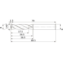MVE0800X02S080 DP1020 8 mm Dia. × 8 mm Shank × 38.5 mm Flute Length × 80.5 mm OAL, 140°, 2 Flute, External Coolant, Solid Carbide Drill