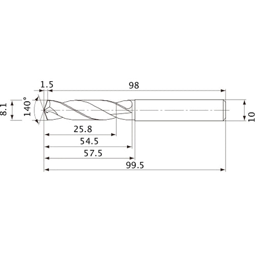 MVE0810X03S100 DP1020 8.1 mm Dia. × 10 mm Shank × 54.5 mm Flute Length × 99.5 mm OAL, 140°, 2 Flute, External Coolant, Solid Carbide Drill