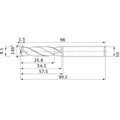 MVE0810X03S100 DP1020 8.1 mm Dia. × 10 mm Shank × 54.5 mm Flute Length × 99.5 mm OAL, 140°, 2 Flute, External Coolant, Solid Carbide Drill