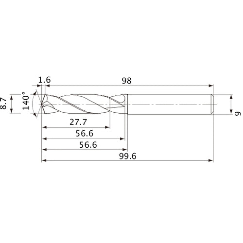 MVE0870X03S090 DP1020 8.7 mm Dia. × 9 mm Shank × 56.6 mm Flute Length × 99.6 mm OAL, 140°, 2 Flute, External Coolant, Solid Carbide Drill