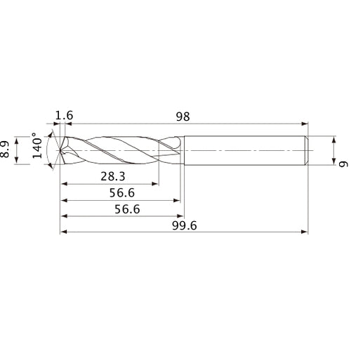 MVE0890X03S090 DP1020 8.9 mm Dia. × 9 mm Shank × 56.6 mm Flute Length × 99.6 mm OAL, 140°, 2 Flute, External Coolant, Solid Carbide Drill