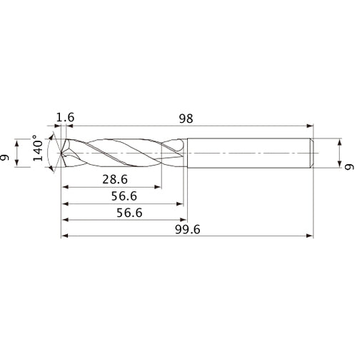 MVE0900X03S090 DP1020 9 mm Dia. × 9 mm Shank × 56.6 mm Flute Length × 99.6 mm OAL, 140°, 2 Flute, External Coolant, Solid Carbide Drill
