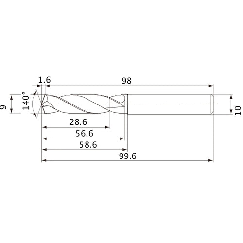 MVE0900X03S100 DP1020 9 mm Dia. × 10 mm Shank × 56.6 mm Flute Length × 99.6 mm OAL, 140°, 2 Flute, External Coolant, Solid Carbide Drill