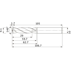 MVE0910X03S100 DP1020 9.1 mm Dia. × 10 mm Shank × 59.7 mm Flute Length × 106.7 mm OAL, 140°, 2 Flute, External Coolant, Solid Carbide Drill