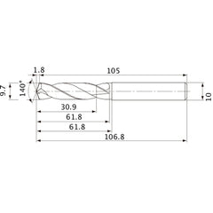 MVE0970X03S100 DP1020 9.7 mm Dia. × 10 mm Shank × 61.8 mm Flute Length × 106.8 mm OAL, 140°, 2 Flute, External Coolant, Solid Carbide Drill