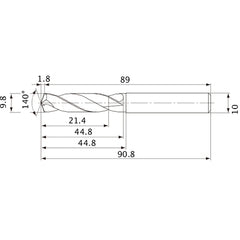 MVE0980X02S100 DP1020 9.8 mm Dia. × 10 mm Shank × 44.8 mm Flute Length × 90.8 mm OAL, 140°, 2 Flute, External Coolant, Solid Carbide Drill