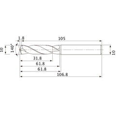 MVE1000X03S100 DP1020 10 mm Dia. × 10 mm Shank × 61.8 mm Flute Length × 106.8 mm OAL, 140°, 2 Flute, External Coolant, Solid Carbide Drill