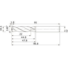 MVE1010X02S120 DP1020 10.1 mm Dia. × 12 mm Shank × 44.8 mm Flute Length × 96.8 mm OAL, 140°, 2 Flute, External Coolant, Solid Carbide Drill
