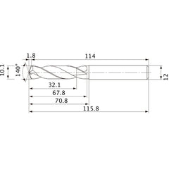 MVE1010X03S120 DP1020 10.1 mm Dia. × 12 mm Shank × 67.8 mm Flute Length × 115.8 mm OAL, 140°, 2 Flute, External Coolant, Solid Carbide Drill