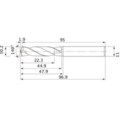 MVE1020X02S110 DP1020 10.2 mm Dia. × 11 mm Shank × 44.9 mm Flute Length × 96.9 mm OAL, 140°, 2 Flute, External Coolant, Solid Carbide Drill