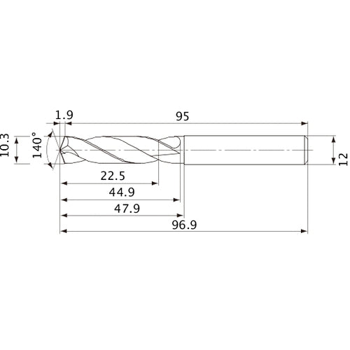 MVE1030X02S120 DP1020 10.3 mm Dia. × 12 mm Shank × 44.9 mm Flute Length × 96.9 mm OAL, 140°, 2 Flute, External Coolant, Solid Carbide Drill