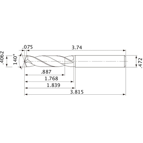 MVE1032X02S120 DP1020 0.4062″ Dia. × 0.472″ Shank × 1.768″ Flute Length × 3.815″ OAL, 140°, 2 Flute, External Coolant, Solid Carbide Drill