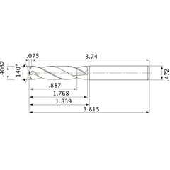 MVE1032X02S120 DP1020 0.4062″ Dia. × 0.472″ Shank × 1.768″ Flute Length × 3.815″ OAL, 140°, 2 Flute, External Coolant, Solid Carbide Drill