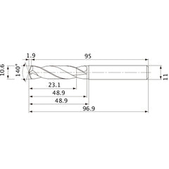 MVE1060X02S110 DP1020 10.6 mm Dia. × 11 mm Shank × 48.9 mm Flute Length × 96.9 mm OAL, 140°, 2 Flute, External Coolant, Solid Carbide Drill