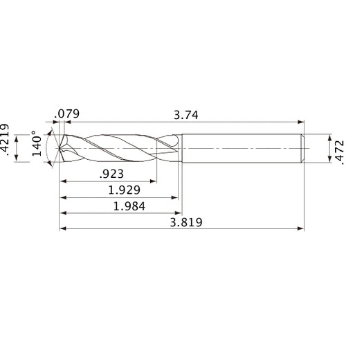 MVE1072X02S120 DP1020 0.4219″ Dia. × 0.472″ Shank × 1.929″ Flute Length × 3.819″ OAL, 140°, 2 Flute, External Coolant, Solid Carbide Drill