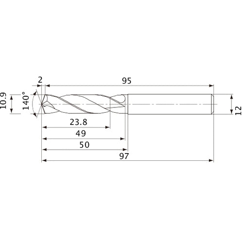MVE1090X02S120 DP1020 10.9 mm Dia. × 12 mm Shank × 49 mm Flute Length × 97 mm OAL, 140°, 2 Flute, External Coolant, Solid Carbide Drill