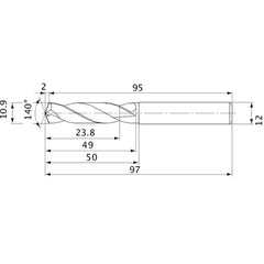 MVE1090X02S120 DP1020 10.9 mm Dia. × 12 mm Shank × 49 mm Flute Length × 97 mm OAL, 140°, 2 Flute, External Coolant, Solid Carbide Drill