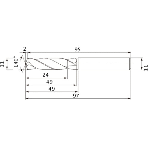 MVE1100X02S110 DP1020 11 mm Dia. × 11 mm Shank × 49 mm Flute Length × 97 mm OAL, 140°, 2 Flute, External Coolant, Solid Carbide Drill