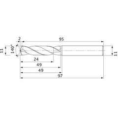 MVE1100X02S110 DP1020 11 mm Dia. × 11 mm Shank × 49 mm Flute Length × 97 mm OAL, 140°, 2 Flute, External Coolant, Solid Carbide Drill