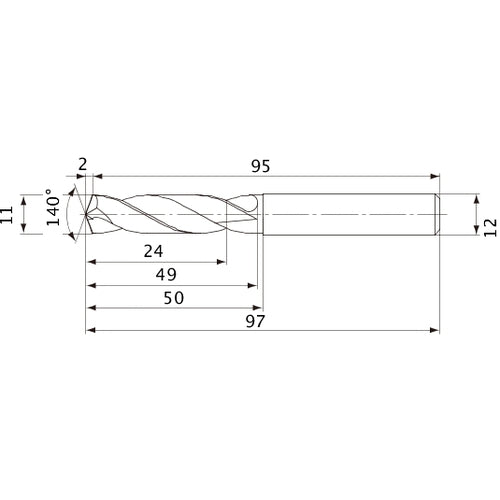 MVE1100X02S120 DP1020 11 mm Dia. × 12 mm Shank × 49 mm Flute Length × 97 mm OAL, 140°, 2 Flute, External Coolant, Solid Carbide Drill