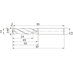 MVE1100X02S120 DP1020 11 mm Dia. × 12 mm Shank × 49 mm Flute Length × 97 mm OAL, 140°, 2 Flute, External Coolant, Solid Carbide Drill