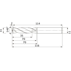 MVE1100X03S110 DP1020 11 mm Dia. × 11 mm Shank × 70 mm Flute Length × 116 mm OAL, 140°, 2 Flute, External Coolant, Solid Carbide Drill