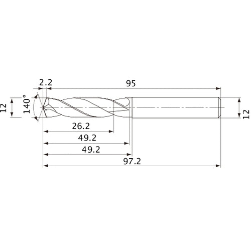 MVE1200X02S120 DP1020 12 mm Dia. × 12 mm Shank × 49.2 mm Flute Length × 97.2 mm OAL, 140°, 2 Flute, External Coolant, Solid Carbide Drill