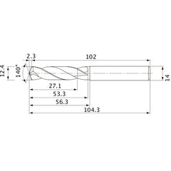 MVE1240X02S140 DP1020 12.4 mm Dia. × 14 mm Shank × 53.3 mm Flute Length × 104.3 mm OAL, 140°, 2 Flute, External Coolant, Solid Carbide Drill