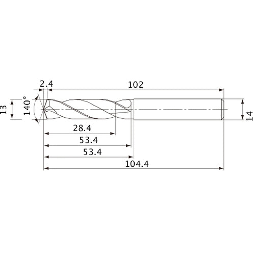 MVE1300X02S140 DP1020 13 mm Dia. × 14 mm Shank × 53.4 mm Flute Length × 104.4 mm OAL, 140°, 2 Flute, External Coolant, Solid Carbide Drill