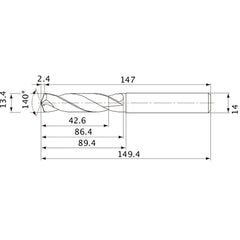 MVE1340X03S140 DP1020 13.4 mm Dia. × 14 mm Shank × 86.4 mm Flute Length × 149.4 mm OAL, 140°, 2 Flute, External Coolant, Solid Carbide Drill