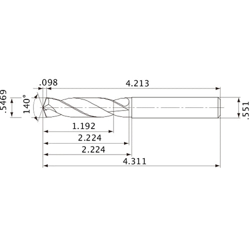 MVE1389X02S140 DP1020 0.5469″ Dia. × 0.551″ Shank × 2.224″ Flute Length × 4.311″ OAL, 140°, 2 Flute, External Coolant, Solid Carbide Drill