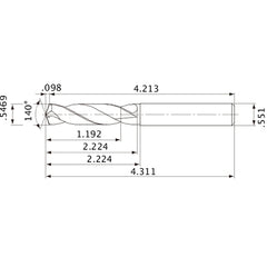 MVE1389X02S140 DP1020 0.5469″ Dia. × 0.551″ Shank × 2.224″ Flute Length × 4.311″ OAL, 140°, 2 Flute, External Coolant, Solid Carbide Drill