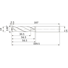 MVE1400X02S140 DP1020 14 mm Dia. × 14 mm Shank × 56.5 mm Flute Length × 109.5 mm OAL, 140°, 2 Flute, External Coolant, Solid Carbide Drill