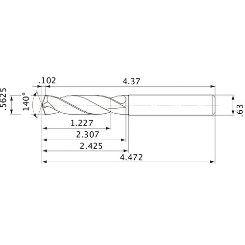 MVE1429X02S160 DP1020 9/16″ Dia. × 0.63″ Shank × 2.307″ Flute Length × 4.472″ OAL, 140°, 2 Flute, External Coolant, Solid Carbide Drill